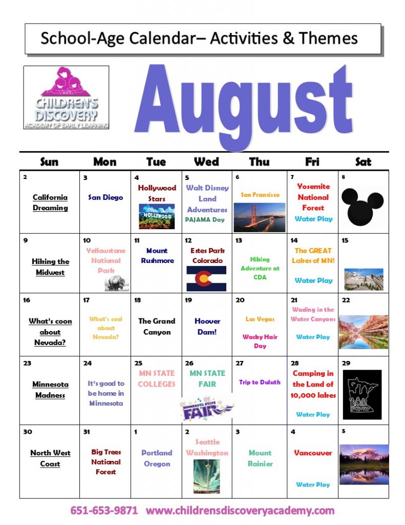 School-Age Calendar (K-4th) VH – Children's Discovery Academy