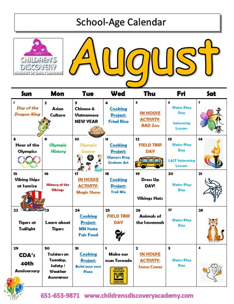 School-Age Calendar (K-4th) VH – Children's Discovery Academy